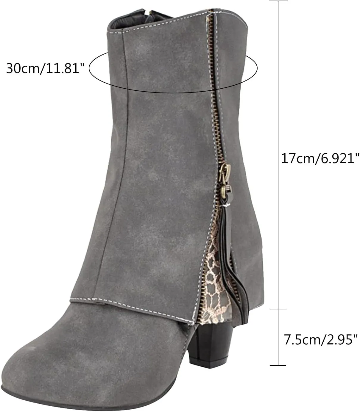 Women Mid Calf Boots Chunky Low Block Heel Fashion Boots Embroidered Slip On Pointed Toe Short Boots with Side Zipper