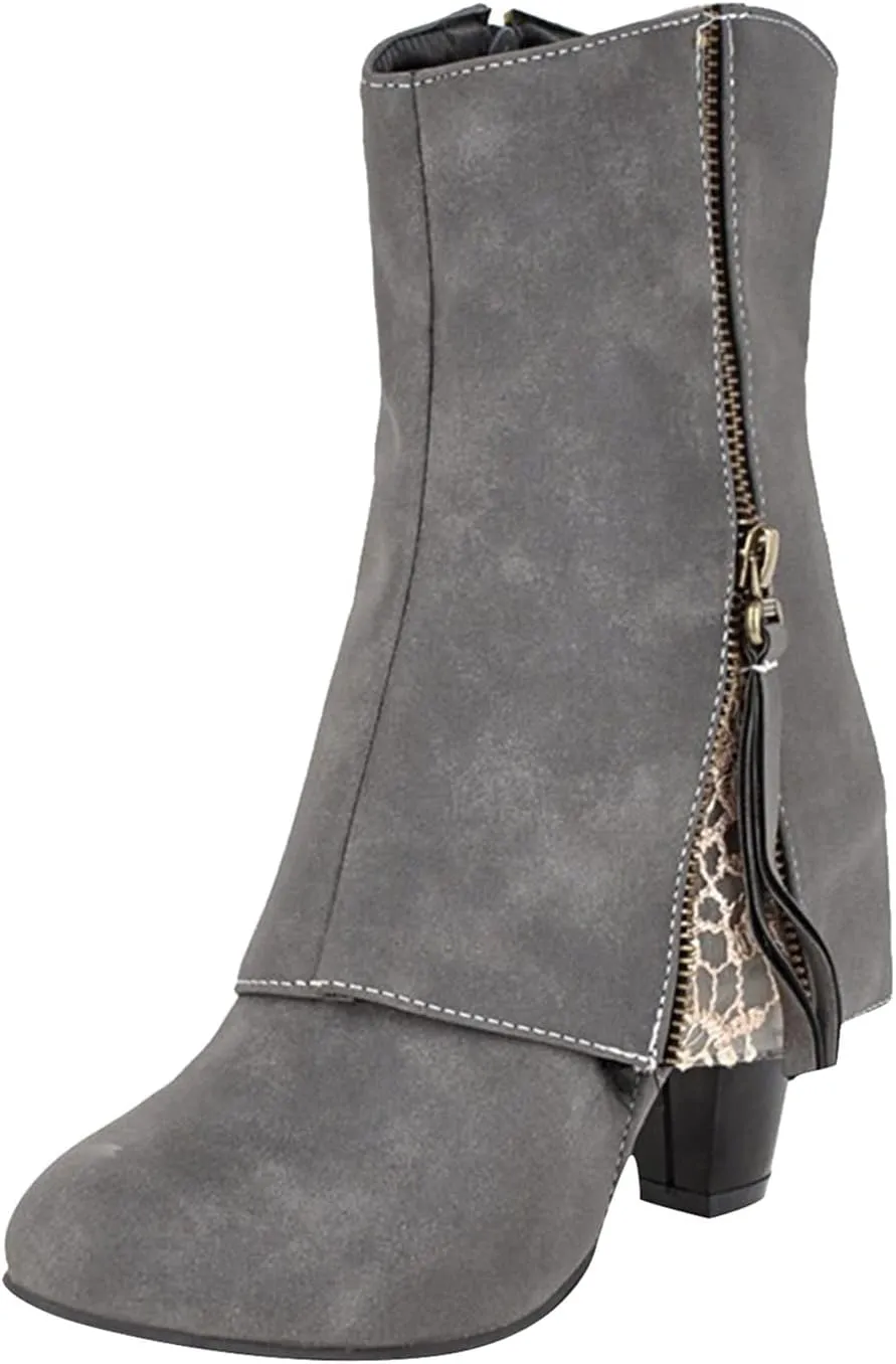 Women Mid Calf Boots Chunky Low Block Heel Fashion Boots Embroidered Slip On Pointed Toe Short Boots with Side Zipper