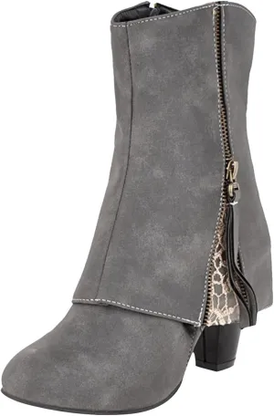 Women Mid Calf Boots Chunky Low Block Heel Fashion Boots Embroidered Slip On Pointed Toe Short Boots with Side Zipper
