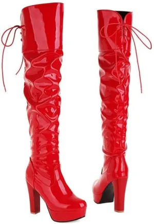 Women Over The Knee Thigh High Boots Lace up Leather Chunky Heel Platform Knight Boots Dress Wedding Long Combat Boots