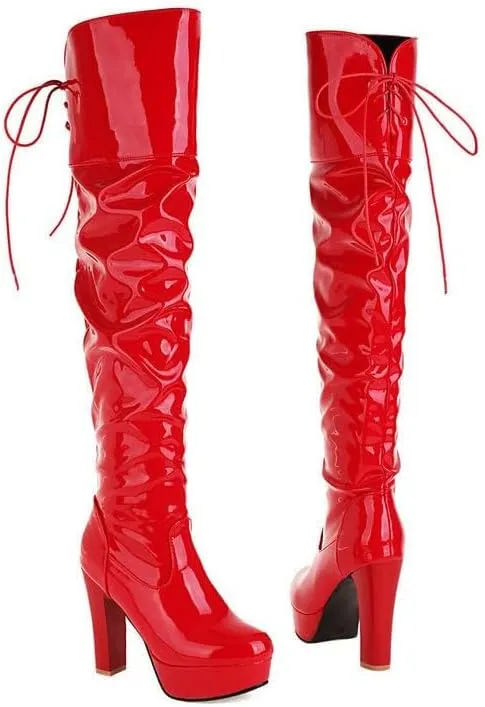 Women Over The Knee Thigh High Boots Lace up Leather Chunky Heel Platform Knight Boots Dress Wedding Long Combat Boots