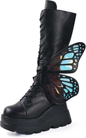 Women Platform Punk Goth Mid Calf Boots Butterfly Wings Chunky Wedge Heel Knee High Party Boots Motorcycle Combat Booties