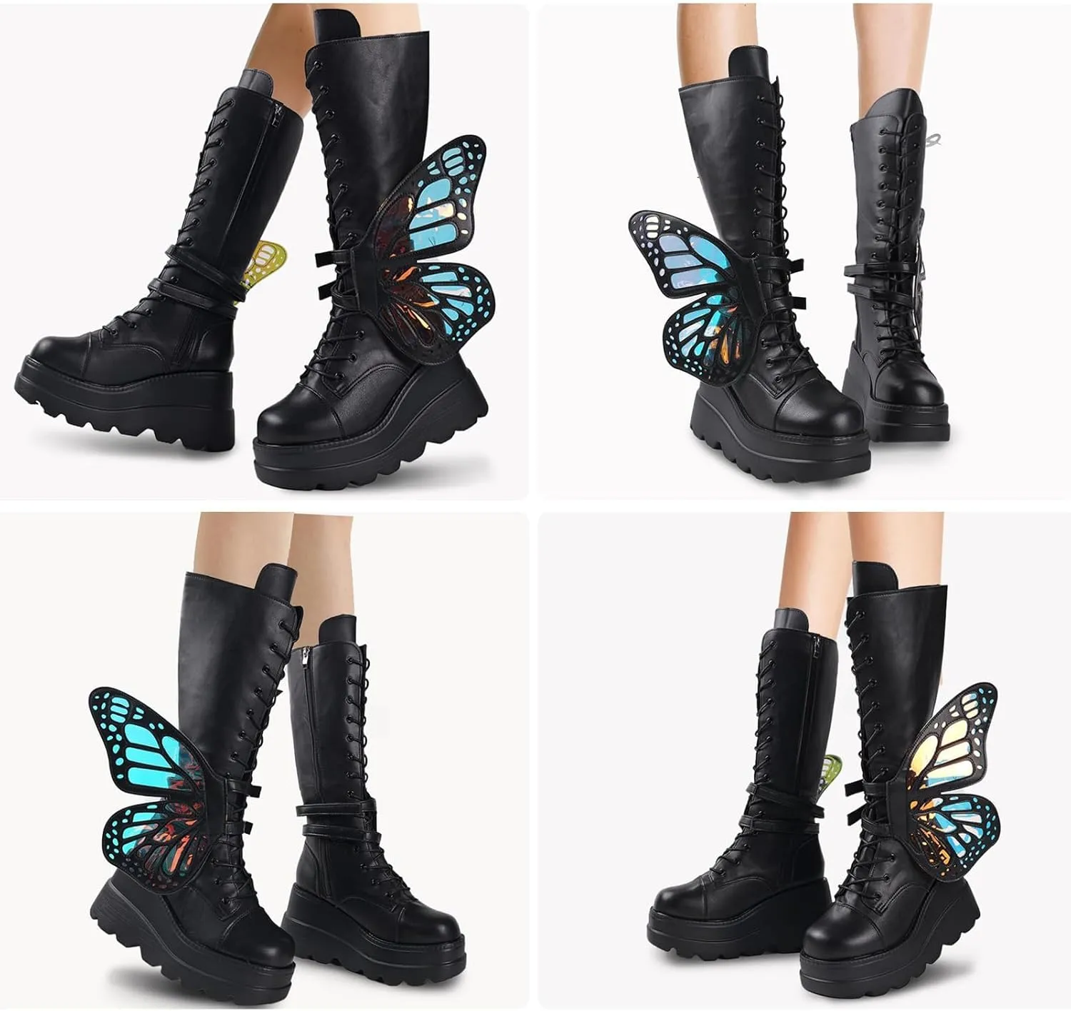 Women Platform Punk Goth Mid Calf Boots Butterfly Wings Chunky Wedge Heel Knee High Party Boots Motorcycle Combat Booties