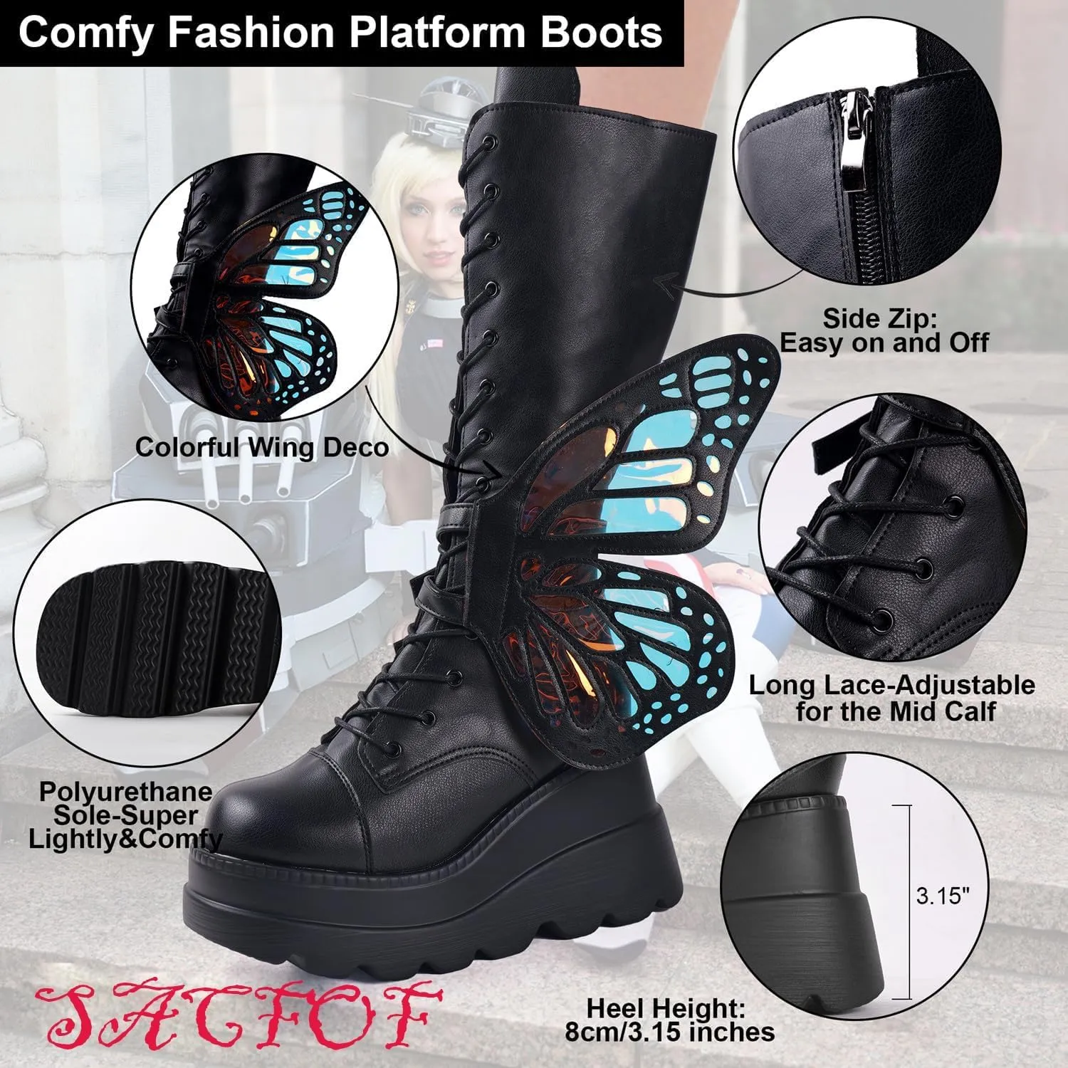 Women Platform Punk Goth Mid Calf Boots Butterfly Wings Chunky Wedge Heel Knee High Party Boots Motorcycle Combat Booties