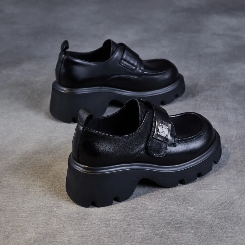 Women Retro Leather Velcro Tape Chunky Platform Loafers