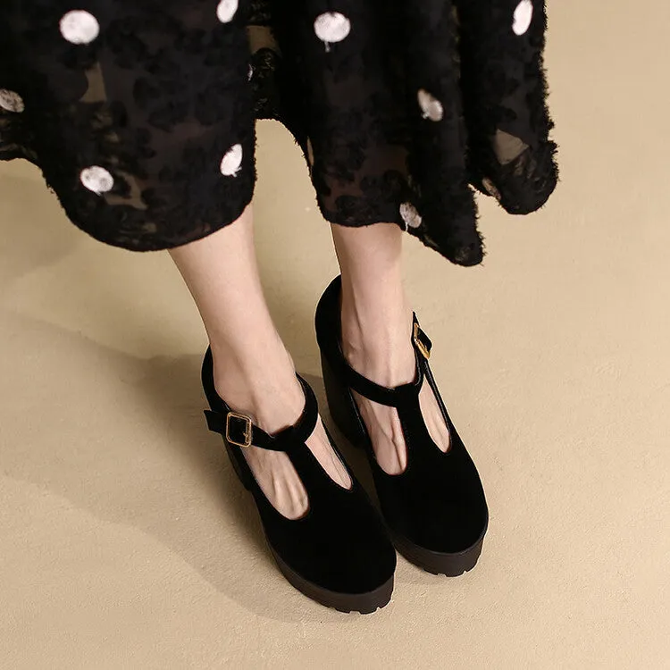 Women Round Toe T Strap Chunky Heel Platform Pumps