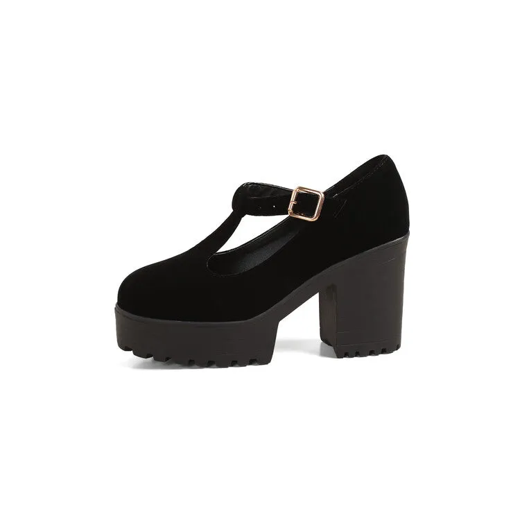 Women Round Toe T Strap Chunky Heel Platform Pumps
