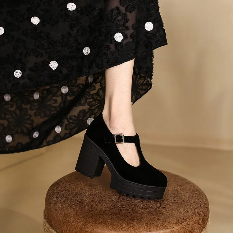 Women Round Toe T Strap Chunky Heel Platform Pumps