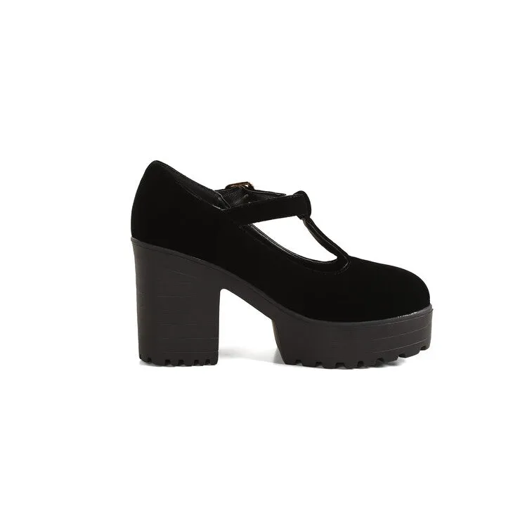 Women Round Toe T Strap Chunky Heel Platform Pumps