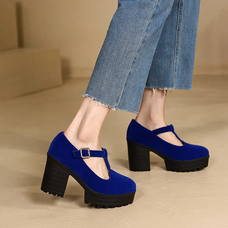 Women Round Toe T Strap Chunky Heel Platform Pumps