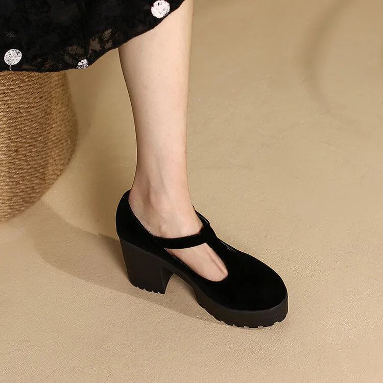 Women Round Toe T Strap Chunky Heel Platform Pumps