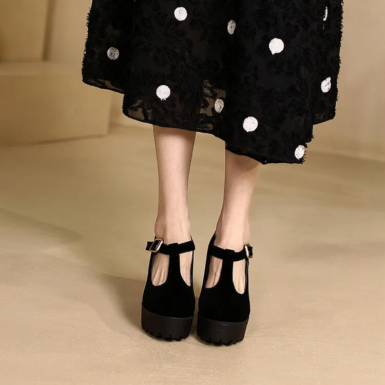 Women Round Toe T Strap Chunky Heel Platform Pumps
