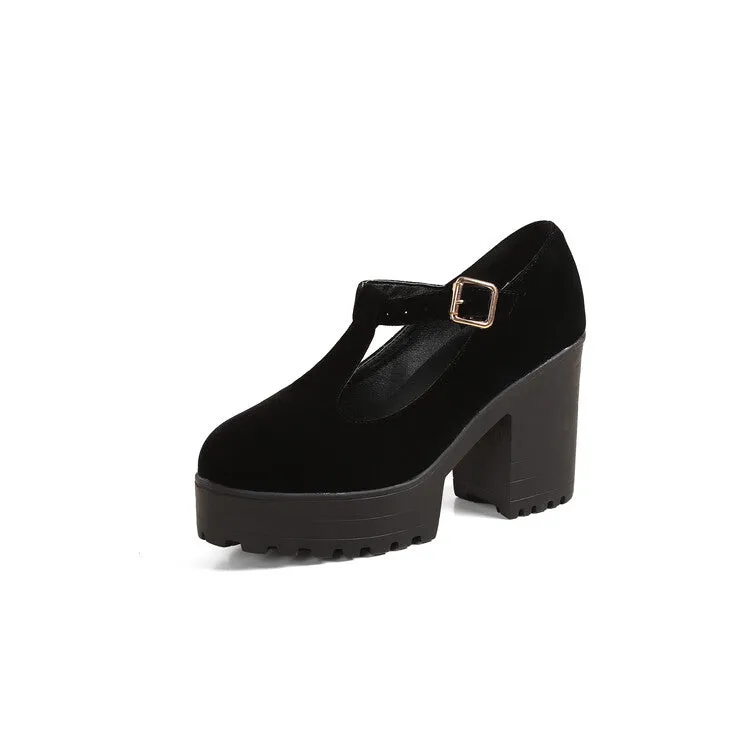 Women Round Toe T Strap Chunky Heel Platform Pumps