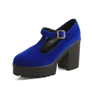 Women Round Toe T Strap Chunky Heel Platform Pumps
