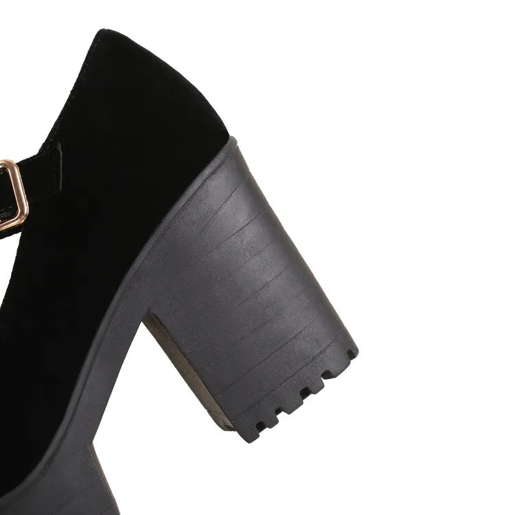 Women Round Toe T Strap Chunky Heel Platform Pumps