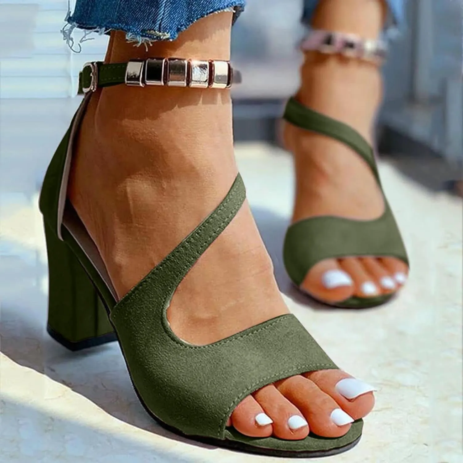 Women Square Toe Sandals Open Toe Strappy Heels Chunky Block Heel Ankle Strap Party Shoes