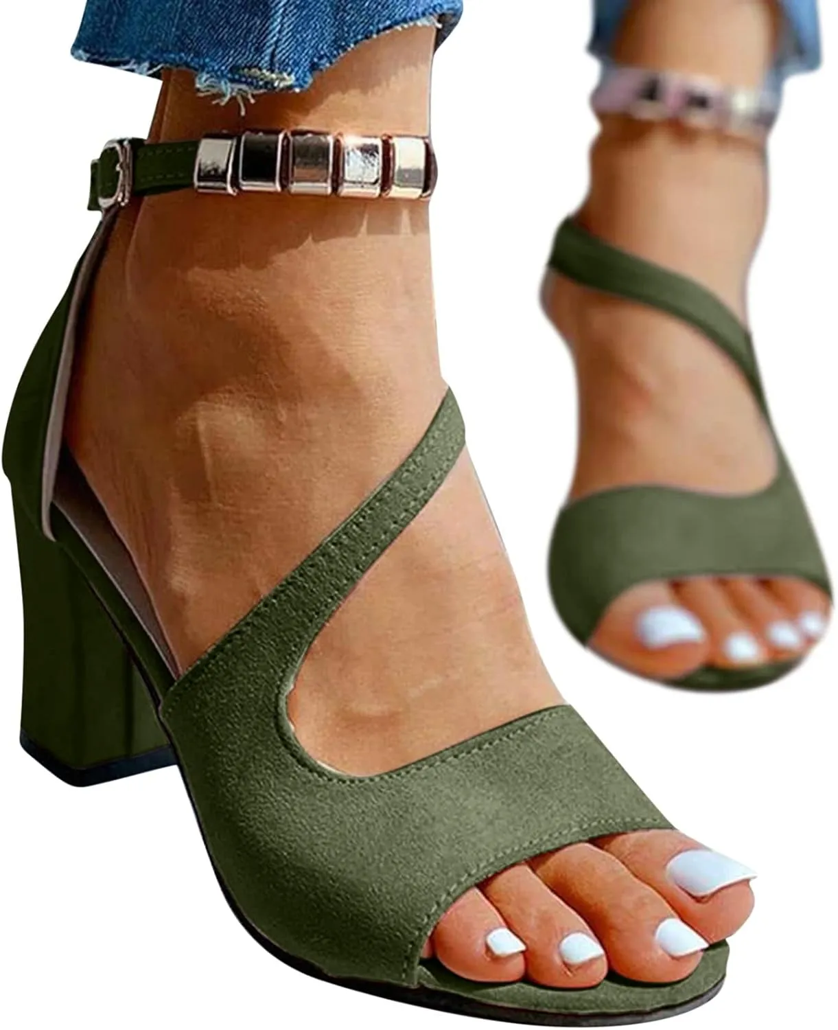 Women Square Toe Sandals Open Toe Strappy Heels Chunky Block Heel Ankle Strap Party Shoes