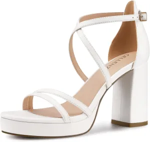 Women Strappy Platform Heels: 3.4 Inch Chunky Heeled Sandals, Comfortable Sexy Block High Heels, for Prom Party Bridal Wedding Black White Silver Nude Dressy Shoes