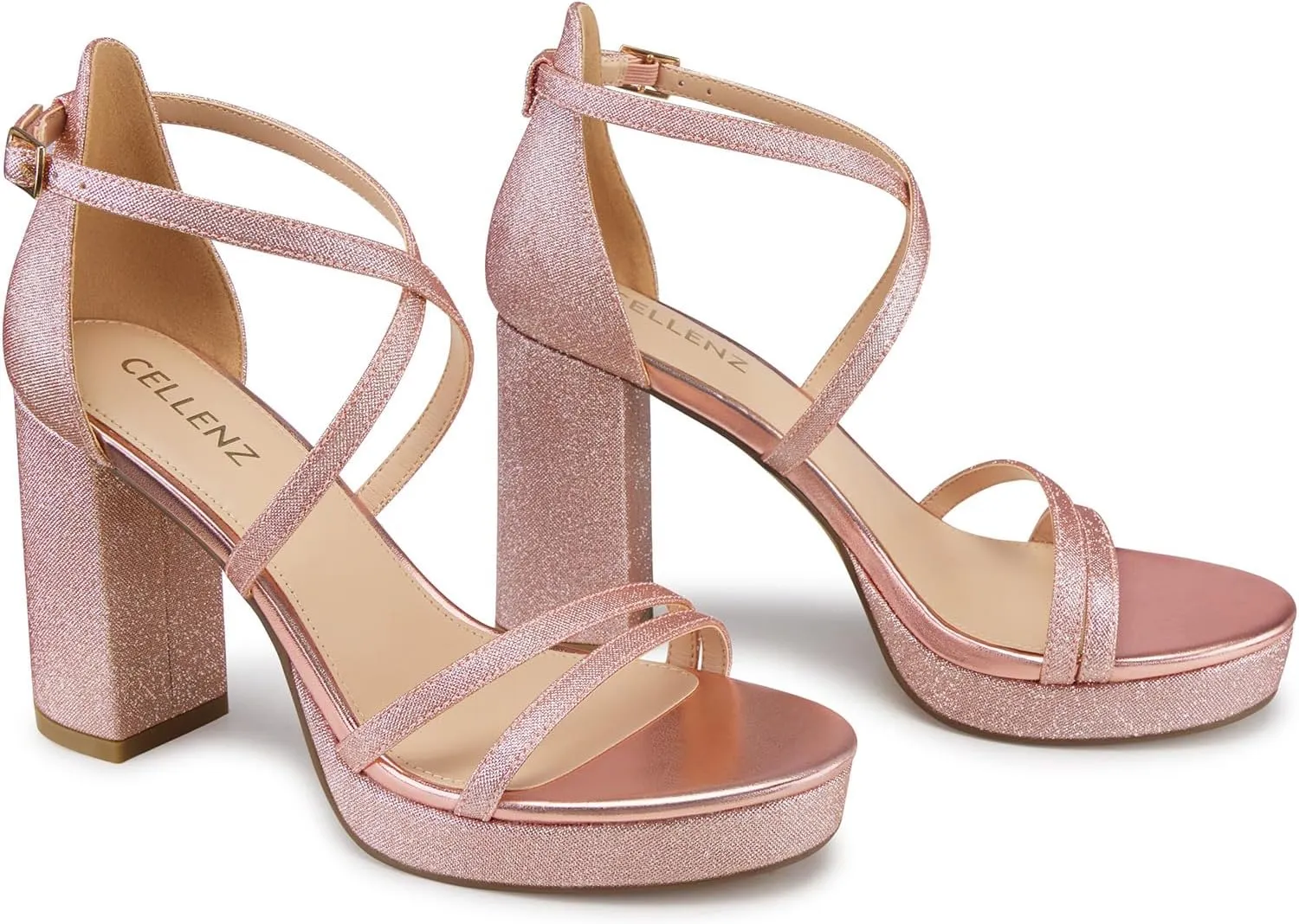 Women Strappy Platform Heels: 3.4 Inch Chunky Heeled Sandals, Comfortable Sexy Block High Heels, for Prom Party Bridal Wedding Black White Silver Nude Dressy Shoes