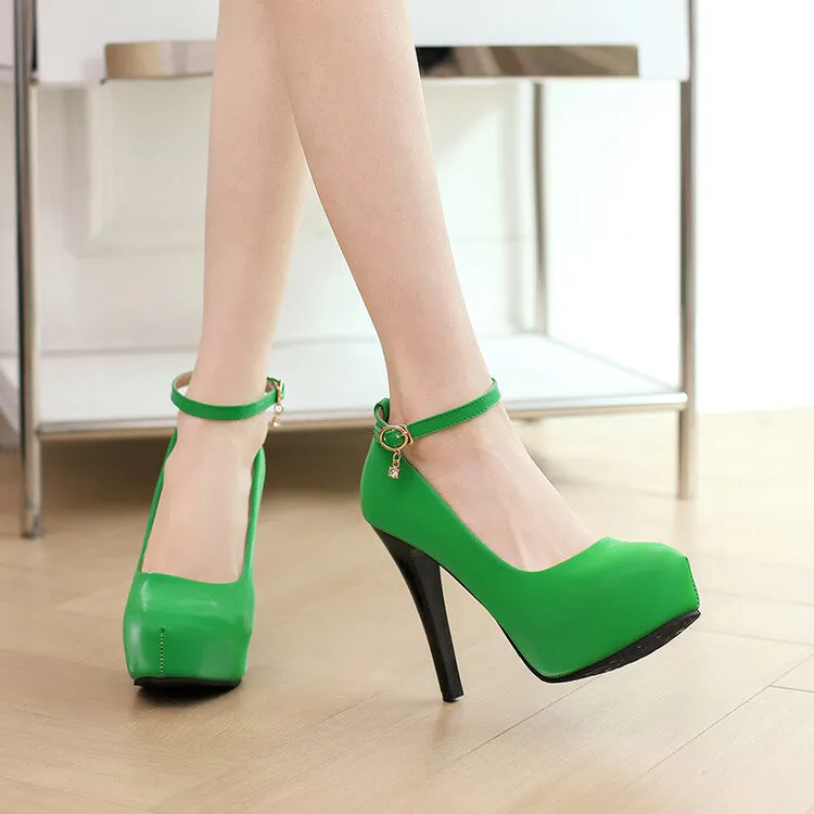 Women's Almond Toe Ankle Strap Stiletto Heel Platform Pumps