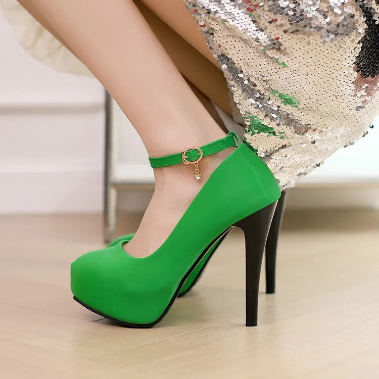 Women's Almond Toe Ankle Strap Stiletto Heel Platform Pumps