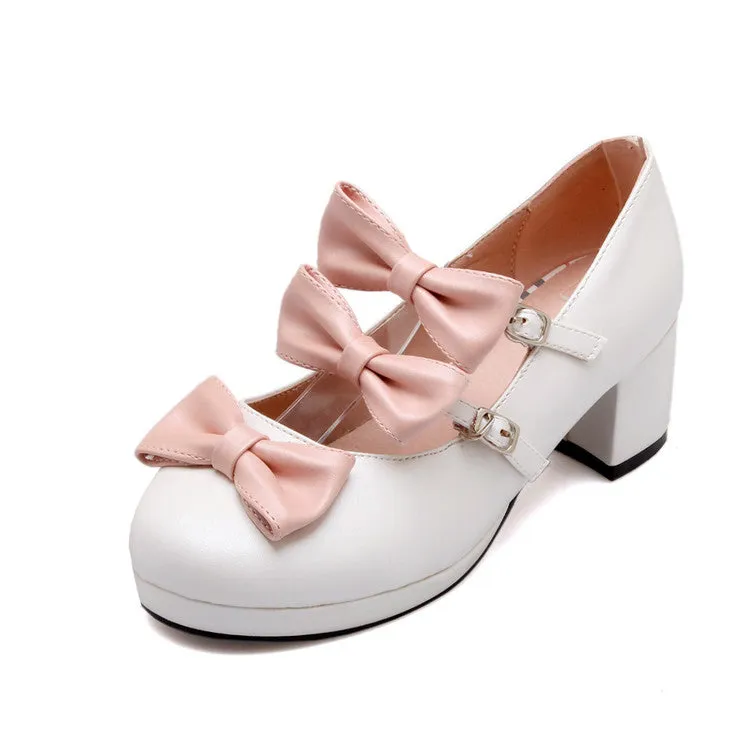 Women's Bow Tie Buckle Straps Mary Janes Block Heel Platform Pumps