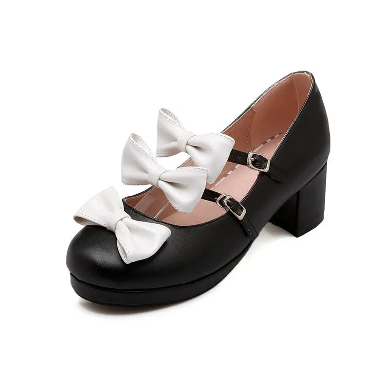 Women's Bow Tie Buckle Straps Mary Janes Block Heel Platform Pumps