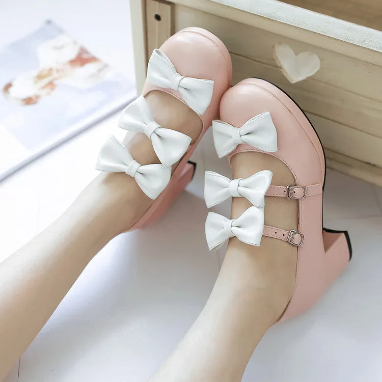 Women's Bow Tie Buckle Straps Mary Janes Block Heel Platform Pumps