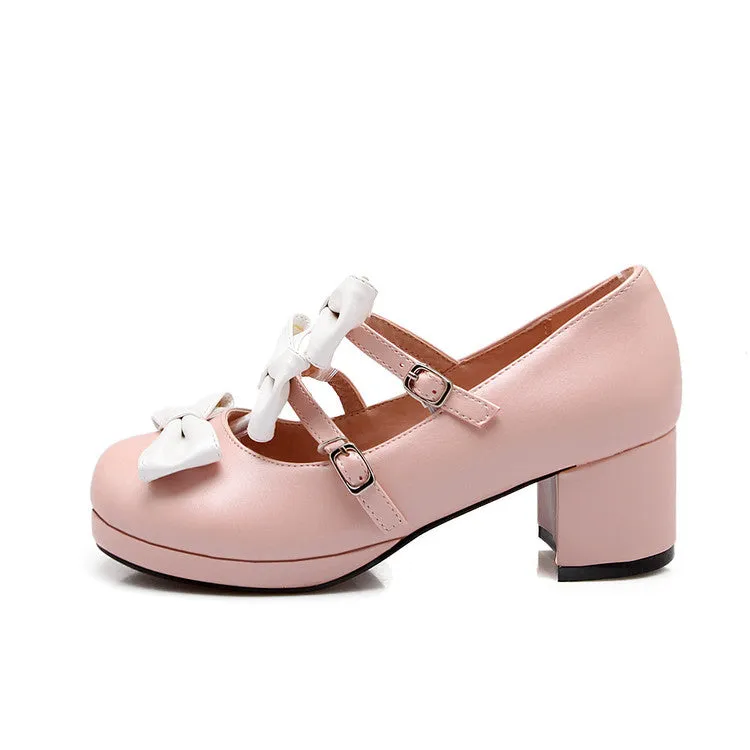 Women's Bow Tie Buckle Straps Mary Janes Block Heel Platform Pumps