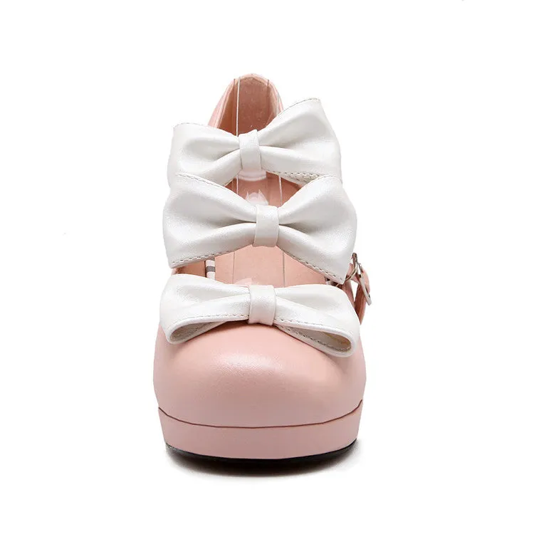 Women's Bow Tie Buckle Straps Mary Janes Block Heel Platform Pumps