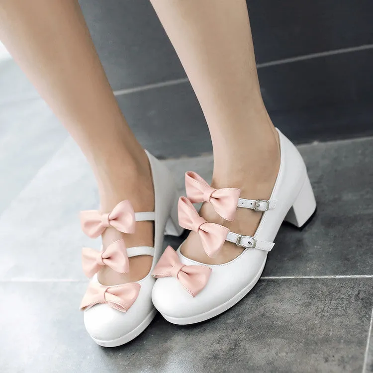 Women's Bow Tie Buckle Straps Mary Janes Block Heel Platform Pumps