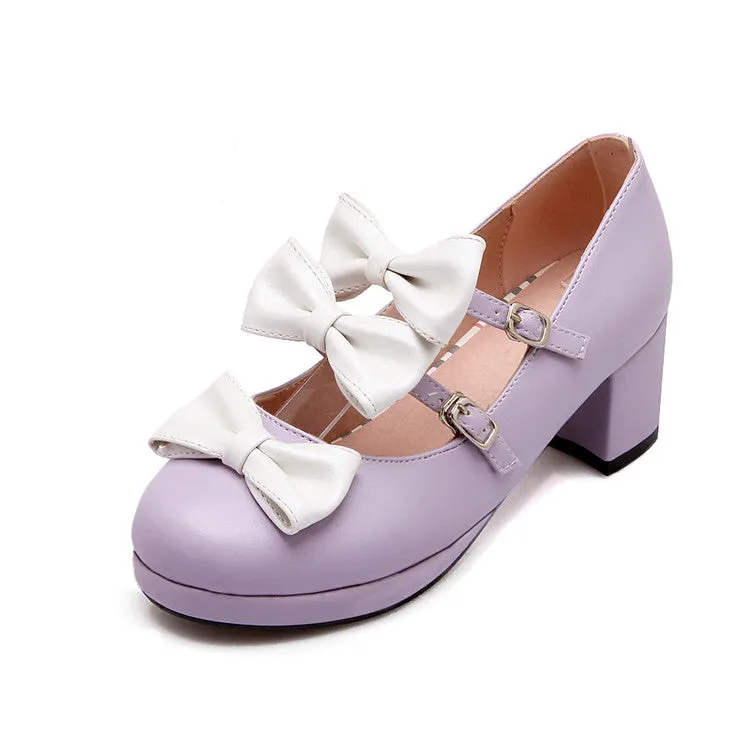 Women's Bow Tie Buckle Straps Mary Janes Block Heel Platform Pumps