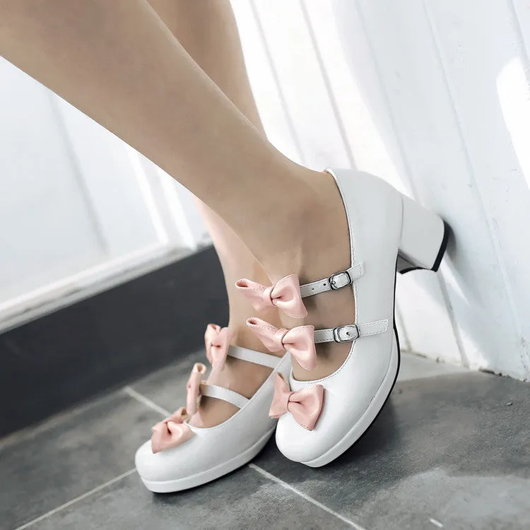 Women's Bow Tie Buckle Straps Mary Janes Block Heel Platform Pumps