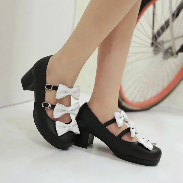 Women's Bow Tie Buckle Straps Mary Janes Block Heel Platform Pumps