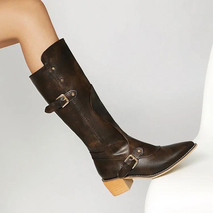 Women's Buckle Strap Square Heel Knee High Boots