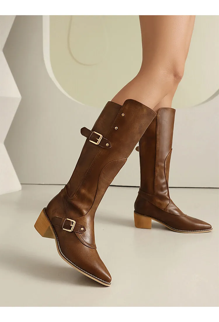Women's Buckle Strap Square Heel Knee High Boots