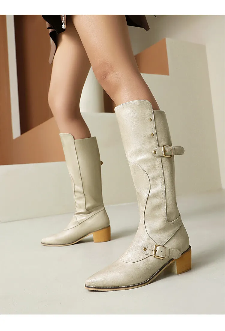 Women's Buckle Strap Square Heel Knee High Boots