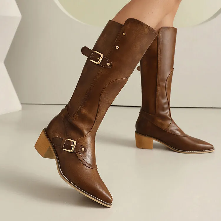 Women's Buckle Strap Square Heel Knee High Boots