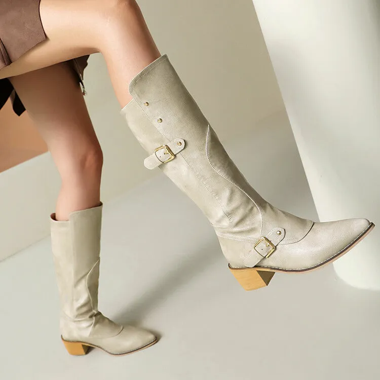 Women's Buckle Strap Square Heel Knee High Boots