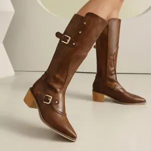 Women's Buckle Strap Square Heel Knee High Boots