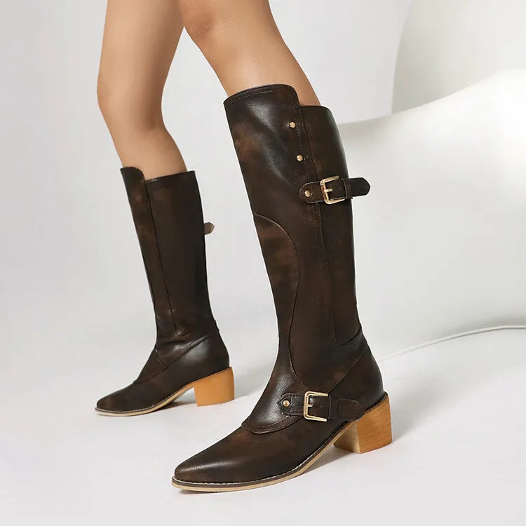 Women's Buckle Strap Square Heel Knee High Boots