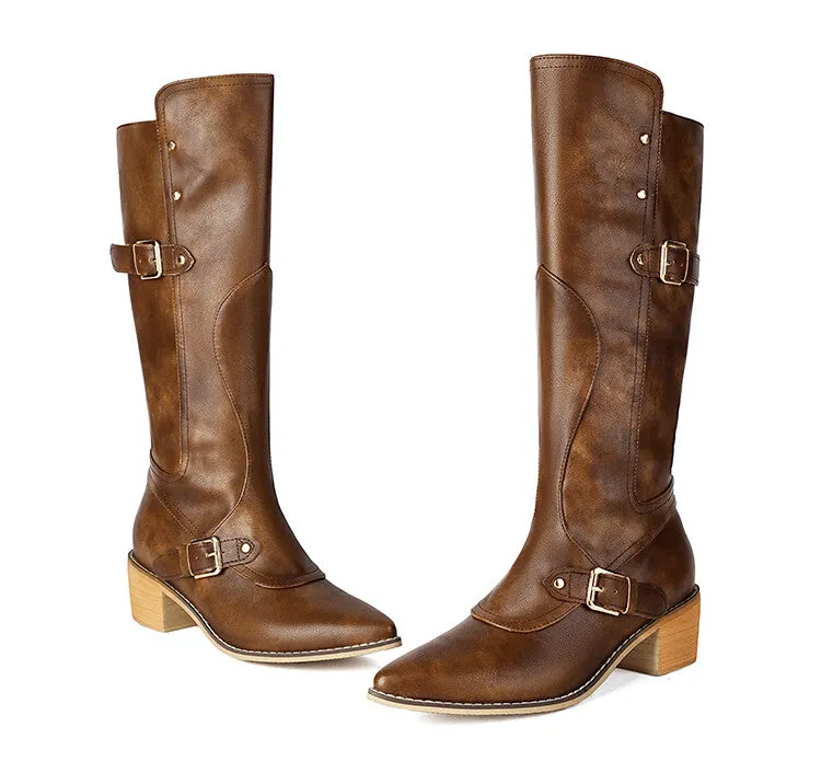 Women's Buckle Strap Square Heel Knee High Boots