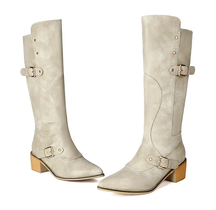 Women's Buckle Strap Square Heel Knee High Boots