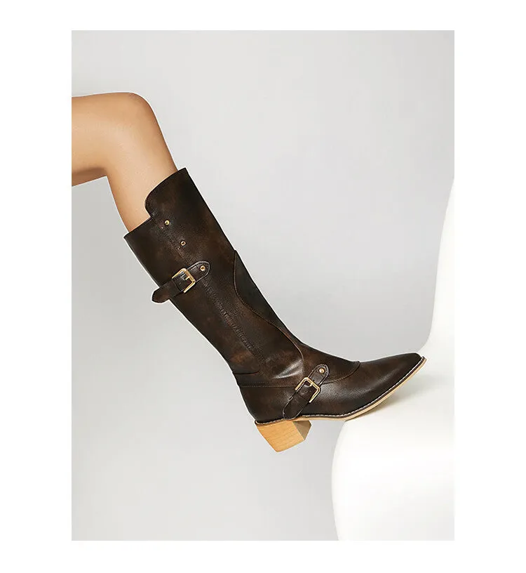 Women's Buckle Strap Square Heel Knee High Boots