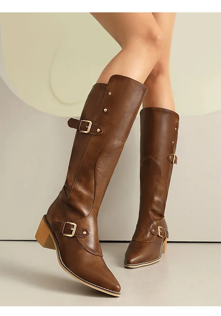 Women's Buckle Strap Square Heel Knee High Boots