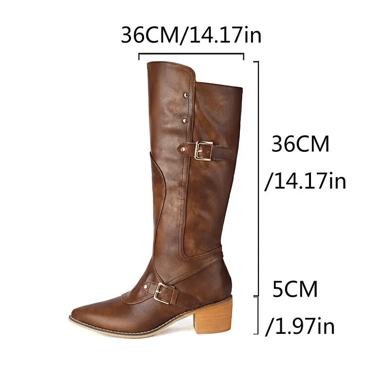 Women's Buckle Strap Square Heel Knee High Boots