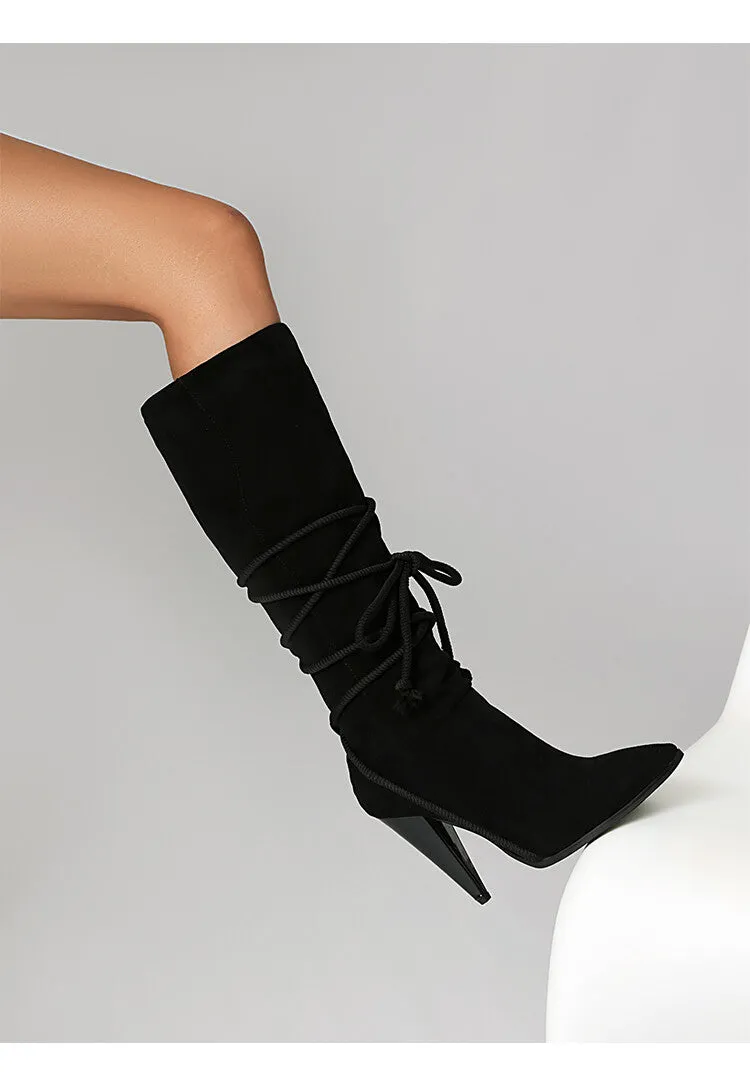 Women's Cross Straps Spike Heel Knee High Boots