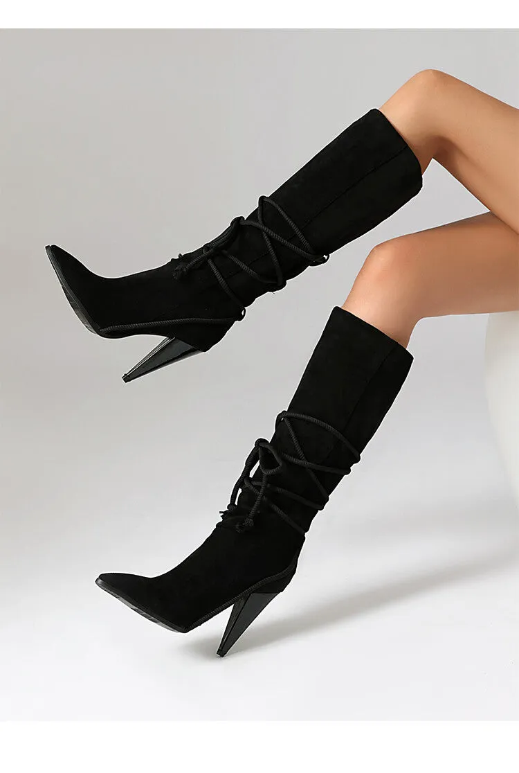 Women's Cross Straps Spike Heel Knee High Boots