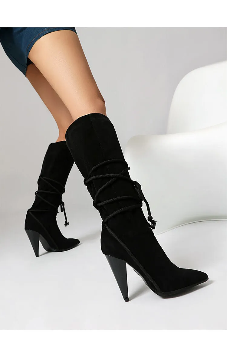 Women's Cross Straps Spike Heel Knee High Boots