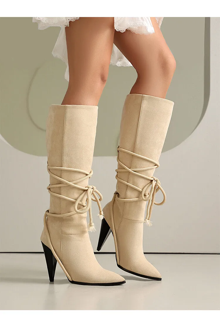 Women's Cross Straps Spike Heel Knee High Boots